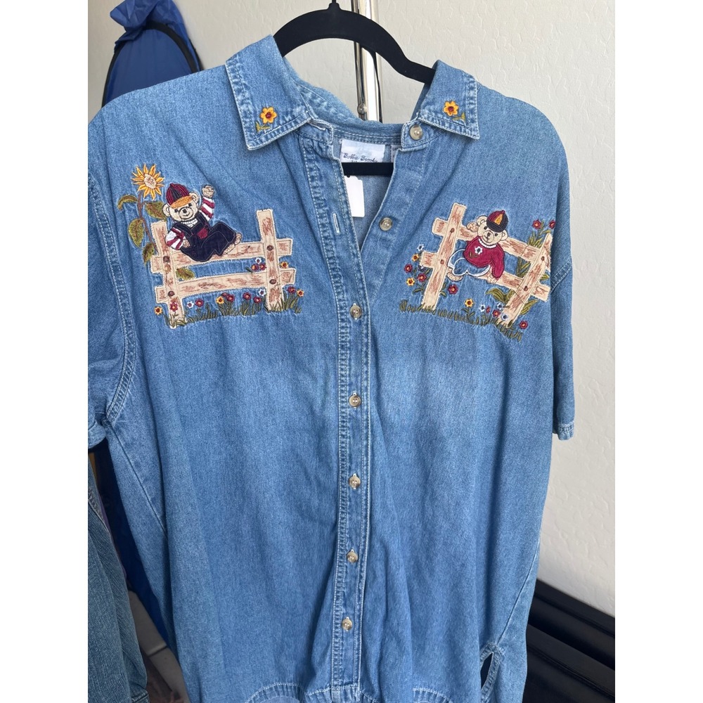 Vintage Teddy Bear Embroidered Denim Shirt Plus Size 14W 16W Cottagecore 90s Top